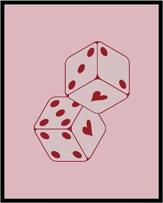 two dices with hearts on them sitting in front of a pink background and black frame