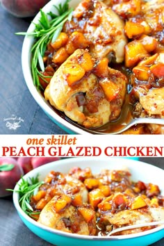 one skillet peach glazed chicken is in a bowl