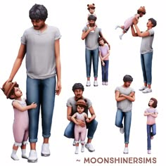 several poses of a man and woman holding their children in different positions, including the child's head being held by his mother