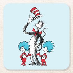 the cat in the hat is standing with his family beverage coasters, set of 4