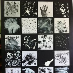 a black and white collage of handprints on canvases with different designs