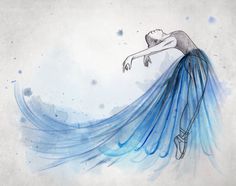 a drawing of a ballerina in blue dress with watercolors on the bottom