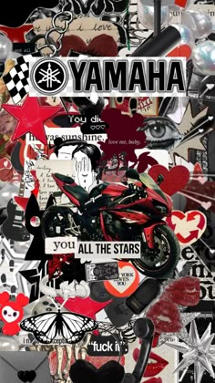 the words yamaha are surrounded by many different images and shapes, including hearts, stars, and an image of a woman on a motorcycle