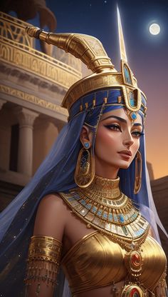 an egyptian woman with blue hair and gold jewelry in front of a building at night