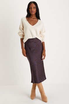 Complete your perfectly curated autumn wardrobe with a cute addition like Lulus Refined Style Dark Purple Floral Print High-Waisted Midi Skirt! A ditsy floral print decorates sleek woven satin as it shapes this darling skirt that features a high-rise fit with an elasticized waist and a figure-skimming, A-line silhouette that finishes at a sophisticated midi hem. Pair with a chunky sweater and some tall boots for a totally trendy fall 'fit! Fit: This garment fits true to size. Length: Mid-calf le Satin Midi Skirt Outfits, Fall Midi Skirt, Winter Midi Skirt Outfit, Midi Skirt Outfit Winter, Purple Clothes, Maxi Skirt Fall, Fall Skirt, Church Outfit, Midi Skirt Outfit