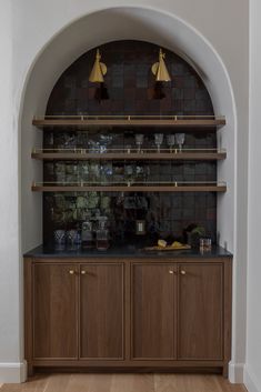 Custom dry bar with dark purple Zellige tile, with brass fixtures and hardware. Walnut cabinetry with reeded front detail. Wet Bar In Breakfast Nook, Wet Bar Backsplash Ideas White Cabinets, Fluted Curved Kitchen Island, Build In Bar Cabinet, Jean Stoffer Wet Bar, Modern Mediterranean Wet Bar, Small Bar Area With Sink, Closet Into Dry Bar, Kitchen Bar Station