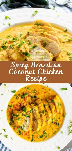 the recipe for spicy brazilian coconut chicken is shown on a white plate with blue and white stripes