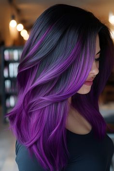 Medium Length Hair Styles Color, Black With Purple Highlights Hair, Purple Hair With Bangs Aesthetic, Cute Hair Medium Length, Purple Hair With Layers, Medium Length Edgy Hair, Short Hair With Purple Highlights, Purple Hair Color Ideas For Short Hair, Black Hair With Colored Tips