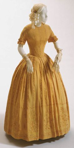 1840 yellow china silk crepe, silk embroidery in satin stitch via Philadelphia Museum of Art. 1840 Dress, Ohio Cincinnati, Gold China, Abandoned Homes