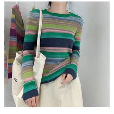 Loose Stretchy Striped Colors Sweater – Nada Outfit Land Autumn Knitwear, Rainbow Sweater, Petal Sleeve, Party Dress Long Sleeve, Striped Jacket, Puff Sleeve Dresses, Single Breasted Jacket, Sweater Women, Boho Maxi Dress