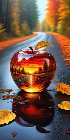 an apple sitting on the side of a road with autumn leaves around it and trees in the background