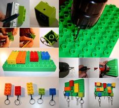 there are many different legos being made with plastic blocks and tools to make them look like they're working on something