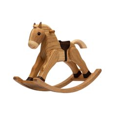 a wooden rocking horse on a white background