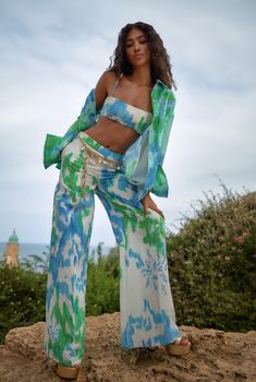 Hemant & Nandita Vida Bandeau Pallazo Pant, Jeans Long Skirt, Shades Of Blue And Green, Green Ikat, Bandeau Crop Top, Hemant And Nandita, Long Linen Dress, Linen Scarves, Ikat Print