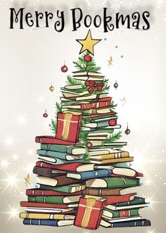 a christmas tree made out of books with the words merry bookmas on it