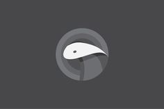 an abstract logo with a white bird in the center on a dark grey background, which appears to be part of a circle