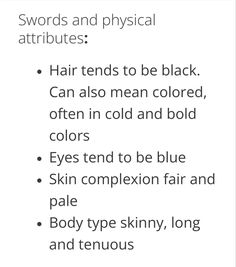 words and physical attributes hair tends to be black can also mean colored, often in cold and bold colors eyes tend to be blue skin