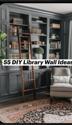 Library Over Door, Wall Bookshelves Office, In Home Library With Ladder, Mens Office Shelves, Library Shelving Design, Library Ladder Bookcase, Office Bookcase Design, How To Style A Home Library, Kitchens With Library Ladders