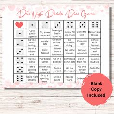 a printable valentine's day party game with the words, do night deck dice open