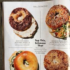 an open magazine showing different types of bagels