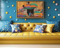 a living room with blue walls and yellow couches, colorful art on the wall