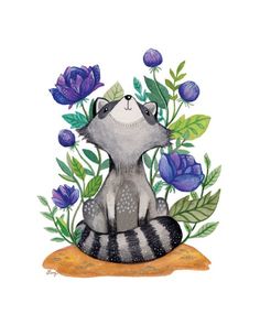 a painting of a raccoon sitting on top of a rock surrounded by flowers