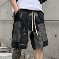 Stand out effortlessly with our elegant jean patchwork shorts. Elevate your city strolls and summer evenings with our new city shorts. This piece redefines modern urban fashion, merging vintage charm with advanced techwear aesthetics for the man who seeks to distinguish himself in the urban jungle. Imagine yourself donning these shorts, each patch showcasing visible seams that whisper tales of expert craftsmanship. This masterpiece is meticulously composed, creating a visual symphony of textures Jean Patchwork, Apocalyptic Clothing, Techwear Pants, Patchwork Shorts, City Shorts, Patchwork Jeans, Modern Urban, Denim Patchwork, New City