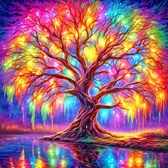 a painting of a tree with colorful lights on it's branches and water in the foreground