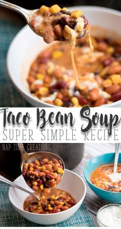 taco bean soup in a white bowl with a spoon scooping out some beans