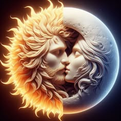 two people are kissing in front of a half - moon with fire and water swirling around them