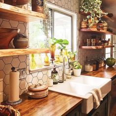 a kitchen with wooden counters and shelves filled with potted plants