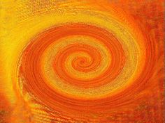 an orange and yellow painting with swirls in the center, on a red background