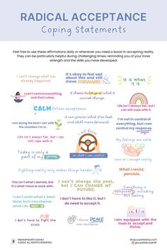 Discover powerful radical acceptance coping statements to help you build emotional resilience and navigate challenging situations. These affirmations can guide you through difficult emotions, helping you accept what you cannot change and find peace. Start using these statements to transform your mindset and improve your emotional well-being. #RadicalAcceptance #CopingStatements #EmotionalResilience #MentalHealthTips #MindfulnessPractice #AcceptWhatYouCantChange #InnerPeace Radical Acceptance Dbt Activities, Radical Acceptance Dbt, Radical Acceptance Coping Statements, Radical Acceptance Dbt Worksheet, Radical Self Acceptance, Coping Skills Worksheet, Coping Statements, Accept Reality, Future Therapist