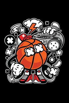 an orange basketball is surrounded by white and black symbols on a black background with red shoes