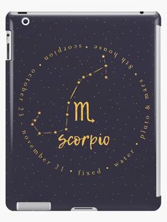 the zodiac sign for scorpio on a black background with gold stars ipad case / skin