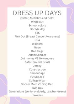 the dress up days list is shown in pink and purple colors, with an abstract background