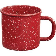 a red mug with white speckles on it