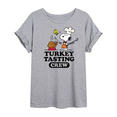 Celebrate Thanksgiving in style with this women's and junior's Peanuts graphic t-shirt featuring Snoopy and Woodstock about to carve a turkey against a heather grey backdrop. It's made from a knit cotton-blend, ensuring all-day comfort, and has a regular-fit, a crew neck, and short sleeves. Character: PeanutsClosure Type: Pullover HeadFit: Regular FitNeckline: Crew NeckSleeve Length: Short SleeveFiber Content: 90% Cotton, 10% PolyesterFabric Description: KnitCare: Tumble Dry, Machine WashCountry Pi T Shirt, Math Shirts, Peanuts Snoopy Woodstock, Snoopy Woodstock, Petite Size Chart, Heather Green, Snoopy And Woodstock, Large Shirts, Peanuts Snoopy