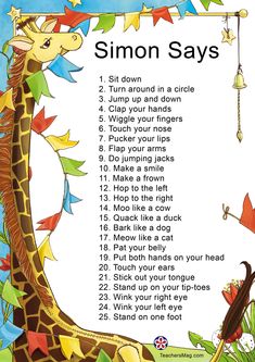 a giraffe is sitting in front of a sign with the words simon says