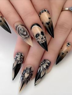 #naildesign #nailart #halloweennailart  #halloweennaildesigns #halloweennailsideas  #halloweennail #fallnails #fallnailideas #pinterestnails #nailideasacrylic #nailartistrybykylie #ghostnails Ongles Goth, Black Halloween Nails, Almond Nail Art, Fake Nails Long, Glitter Rosa, Halloween Press On Nails, Cute Nails For Fall