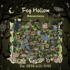 a map with trees and snowflakes in the background for fog hollow christmas party