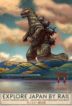 an image of a godzilla on the water with mountains in the background and clouds above it