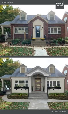 before and after photos of a house with front porch, entry door and steps leading up to the second floor