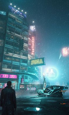 a man standing in front of a tall building on a rainy night with neon signs