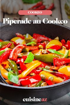 a skillet filled with peppers and other vegetables