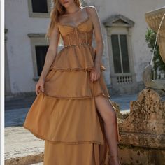 Perfect Condition V Chapman Gold Dress. Only Used Once And Dry Cleaned. Does Not Come With Belt Revolve Anthropologie V Chapman Saks Zimmermann V Chapman, Pearl Belt, Bridal Party Outfit, Tan Dress, Tan Dresses, Wedding Lace, Full Length Dress, Your Amazing, Lace Weddings