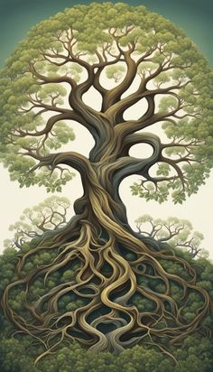 a painting of a tree with many roots