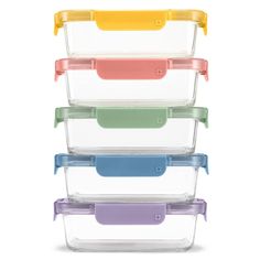 four plastic storage containers stacked on top of each other, with lids and handles in different colors