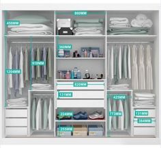 an organized closet with labels on the doors and shelves labeled in blue, white and green