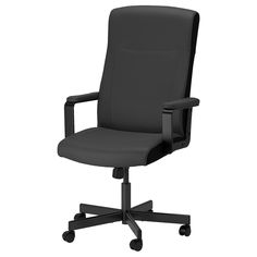 a black office chair with wheels and armrests on an isolated white background, viewed from the front